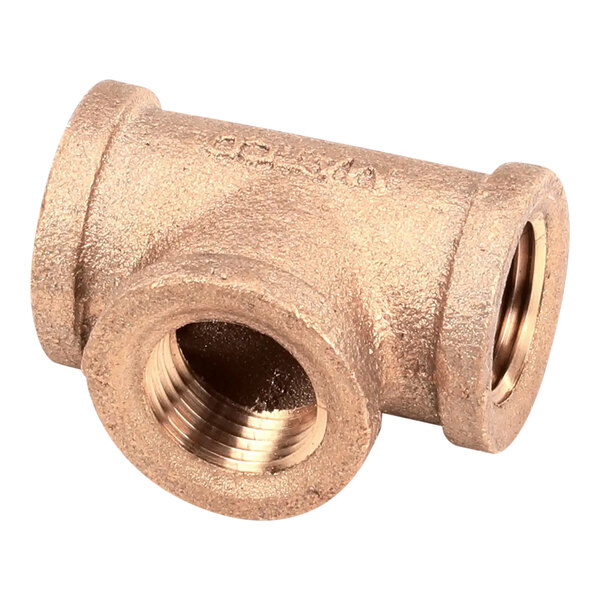 A brass tee pipe fitting with three threaded openings for 1/2 inch NPT connections.