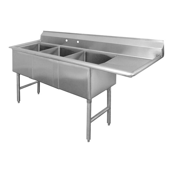A stainless steel three-compartment sink with a 24-inch right drainboard and 15 x 24 x 14 inch bowls.