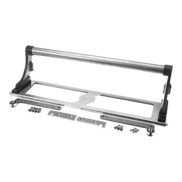 A stainless steel oven door assembly with mounting hardware and brackets.