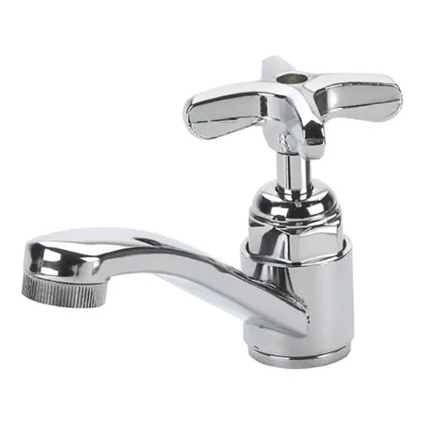 A chrome-plated low lead steam table faucet with a cross handle.
