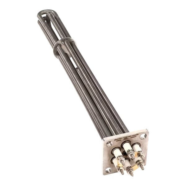 A metal immersion heater element with a mounting plate and electrical terminals, designed for use in a tank.