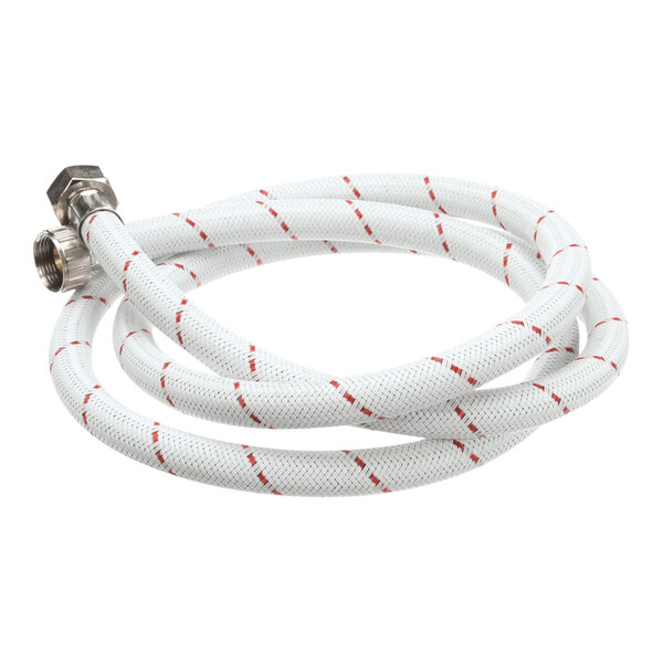 A white EPDM fill hose with red stripes and metal connectors, measuring 1/2 inch by 7 feet.