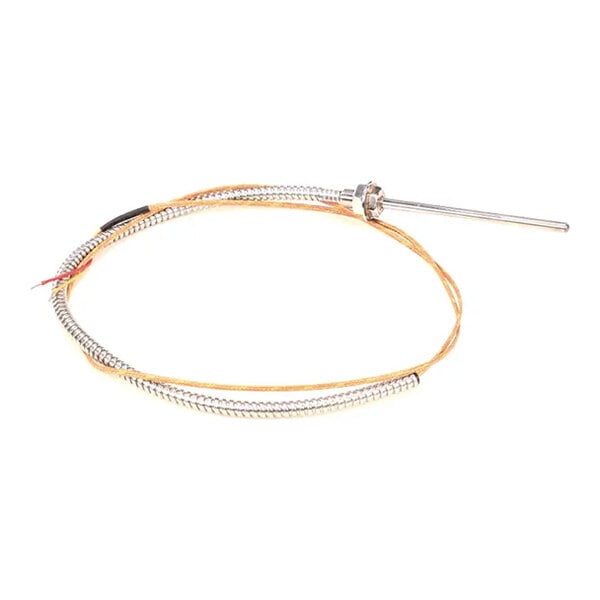 A Type K thermocouple with a metal probe and insulated wire, used for temperature measurement in ovens.
