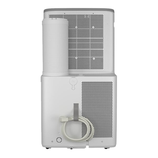 A portable air conditioner with a single exhaust hose and a coiled power cord on the back.