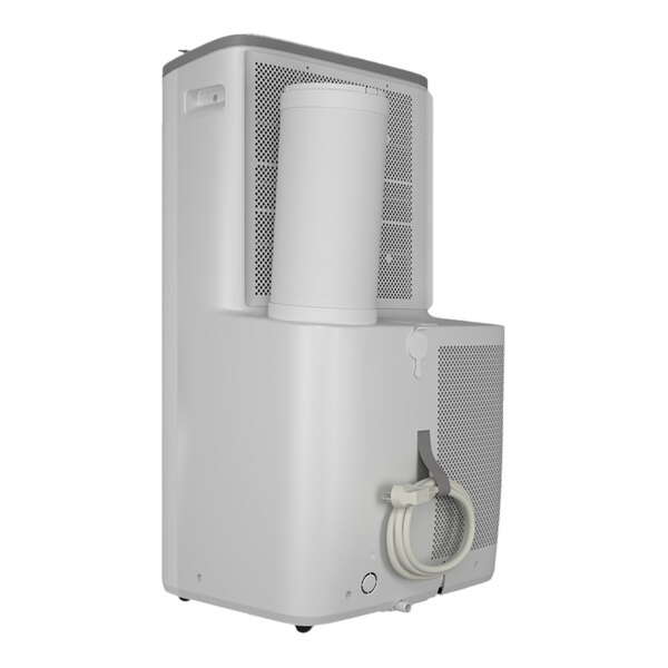 A white portable air conditioner with a single exhaust hose and rear ventilation grilles.