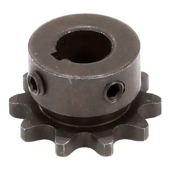 A metal sprocket with ten teeth and two set screws, used as a conveyor drive component.