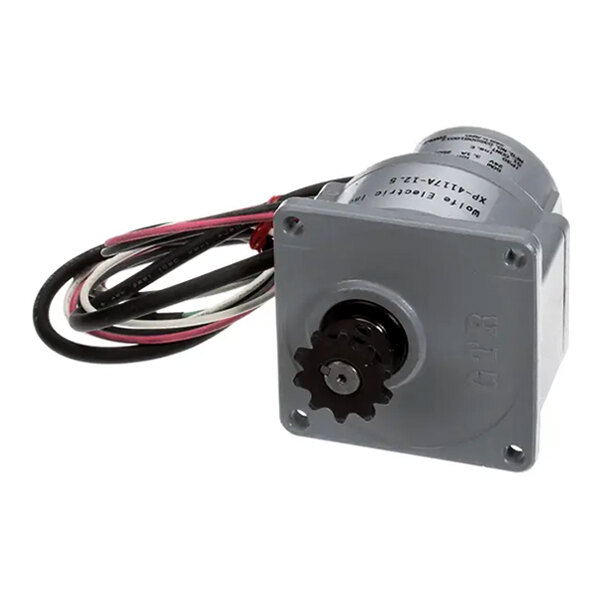 A conveyor motor assembly with sprocket and attached wiring for standard belt ovens.