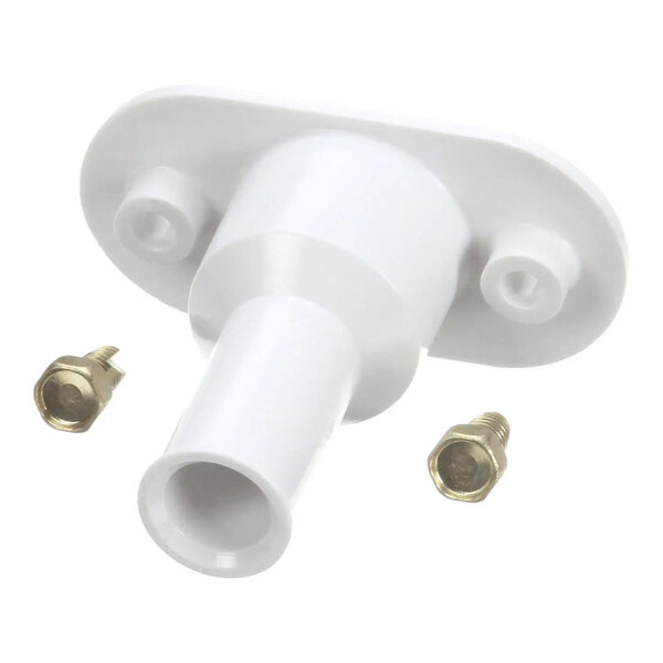 An Ice-O-Matic kit drain adapter with a white plastic fitting and two metal screws.