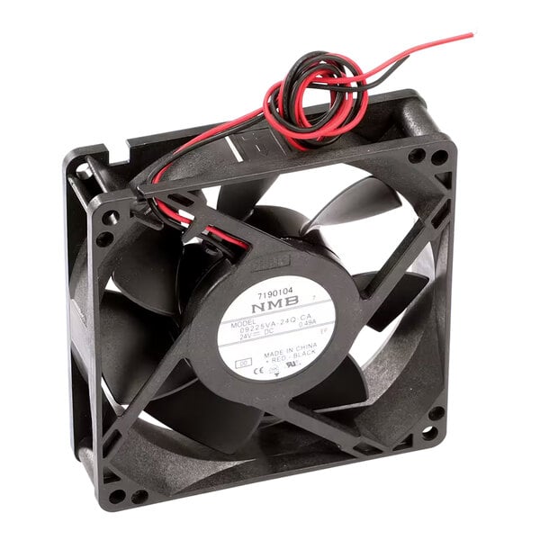 A square black 24V DC cooling fan with attached red and black wires.