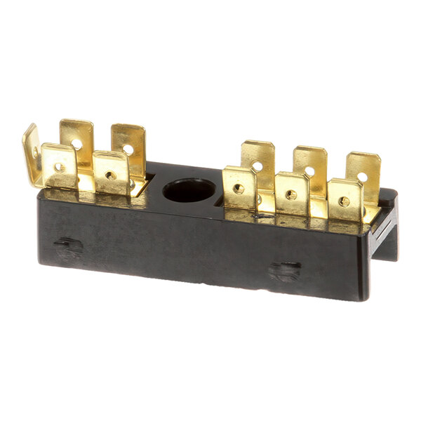 A black terminal block with 11 gold-colored connection points.