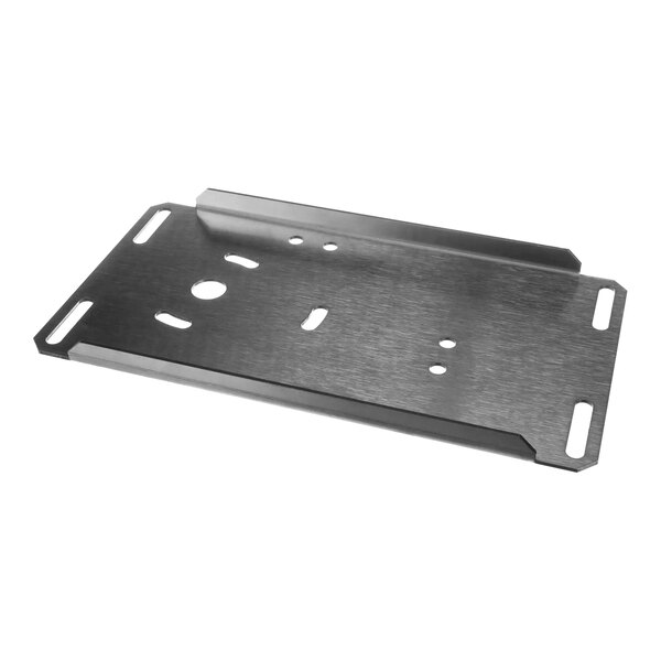 A metal mounting plate with multiple holes and slots, designed for use with a tank or drive motor assembly.