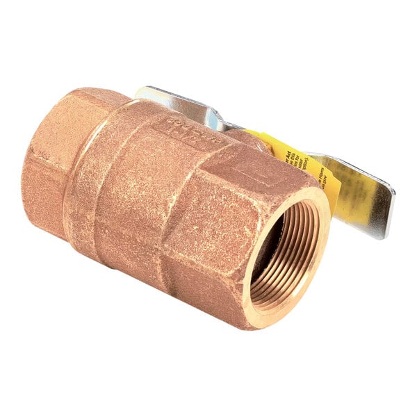 A 1 1/2 inch Champion 115117 brass ball valve with a threaded connection and a metal lever handle.