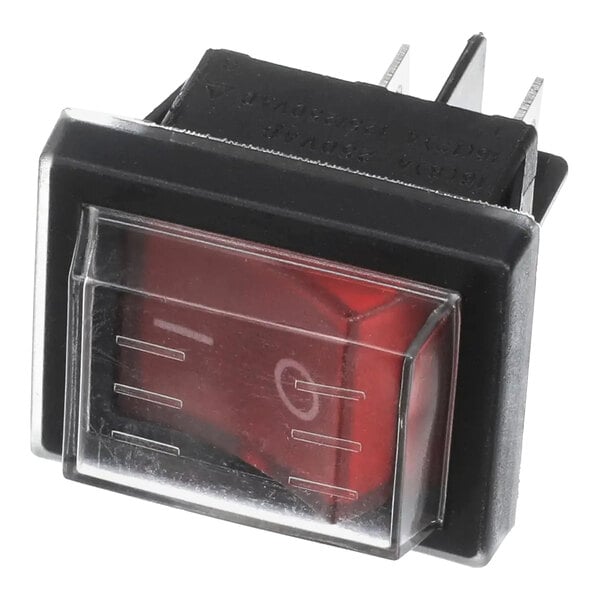 A rectangular red rocker switch with a protective clear cover, designed for use in Paragon Master Hot Dog machines.