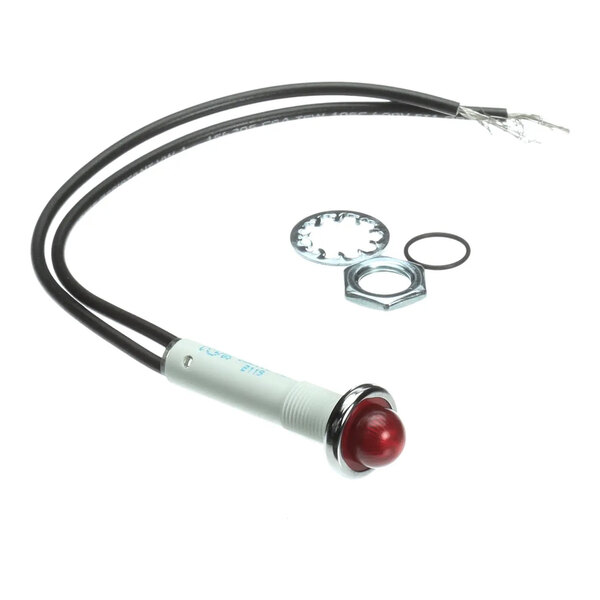 A red pilot indicator light with attached wires and mounting hardware, designed for 28Vac operation.