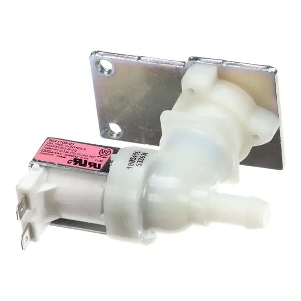 A white plastic and metal water inlet valve for Ice-O-Matic machines, designed for 240V operation.