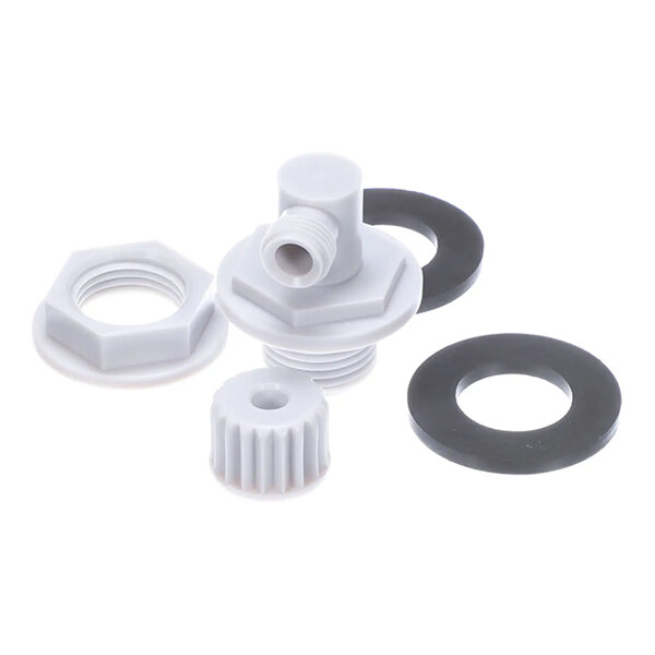 A plastic detergent injector fitting kit with washers and a threaded cap.
