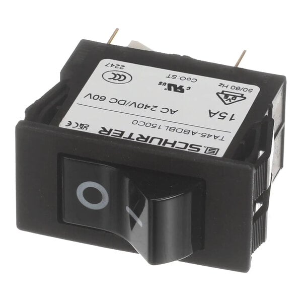 A rectangular black power switch with a labeled rocker and electrical specifications printed on the top.