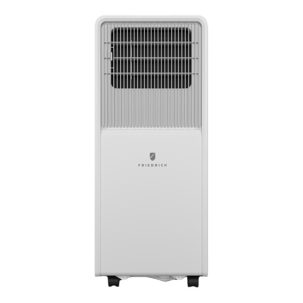 A white Friedrich ZoneAire Compact portable air conditioner with a front vent and wheels.