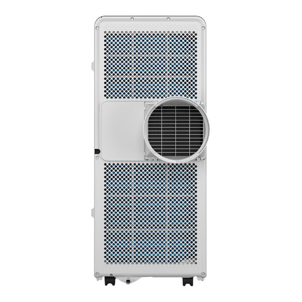A portable air conditioner with a single hose, mesh vents, and a circular exhaust port on the back.
