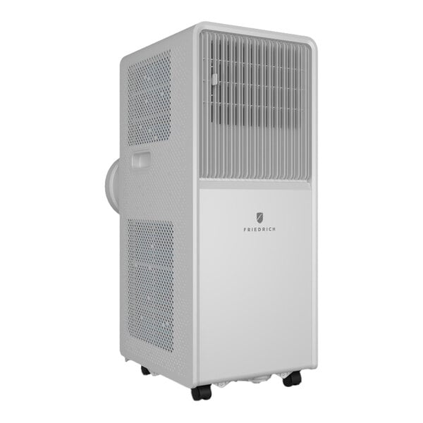 A compact, white portable air conditioner with a front grille, side vents, and caster wheels.