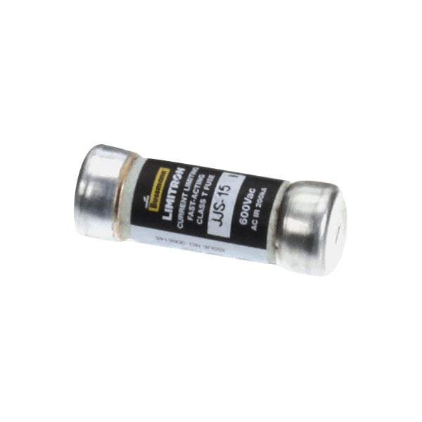 A cylindrical 15-amp, 600-volt fast-acting fuse with metal end caps and a labeled body.