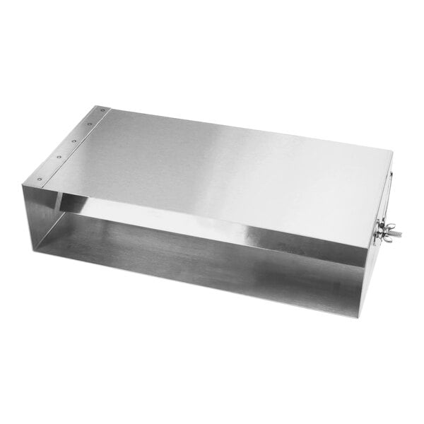 A rectangular stainless steel vent stack with an open bottom and a latch on one side.