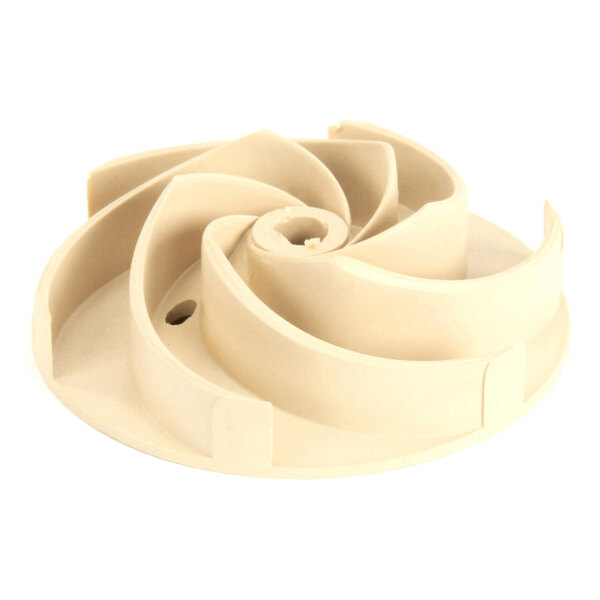 An off-white plastic impeller with curved blades, used in a pump system.