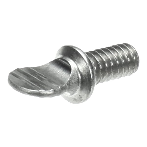 A metal thumb screw with a flat, ridged head and threaded shaft.