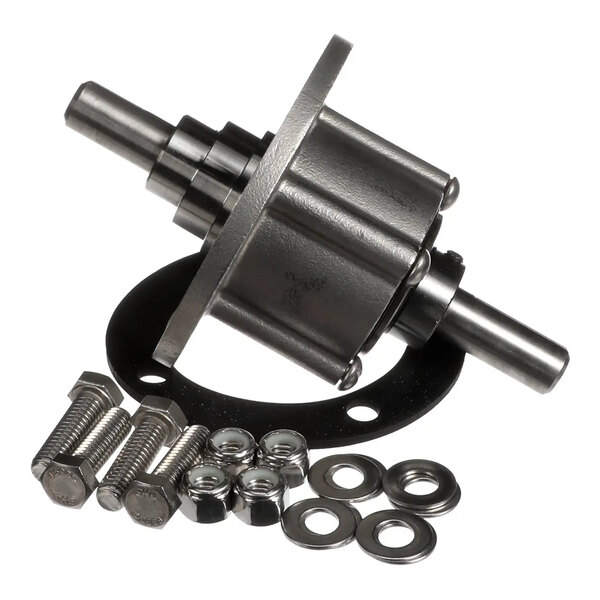 A drive assembly installation kit with a metal shaft, bolts, washers, nuts, and a gasket.
