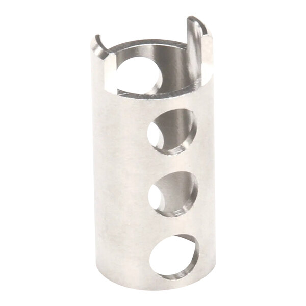 A cylindrical metal sleeve with three large circular holes and two notches at the top.