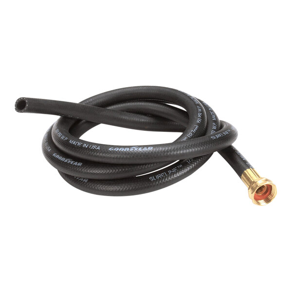 A black 7-foot hose with a 1/2 inch diameter and a female garden adapter fitting.