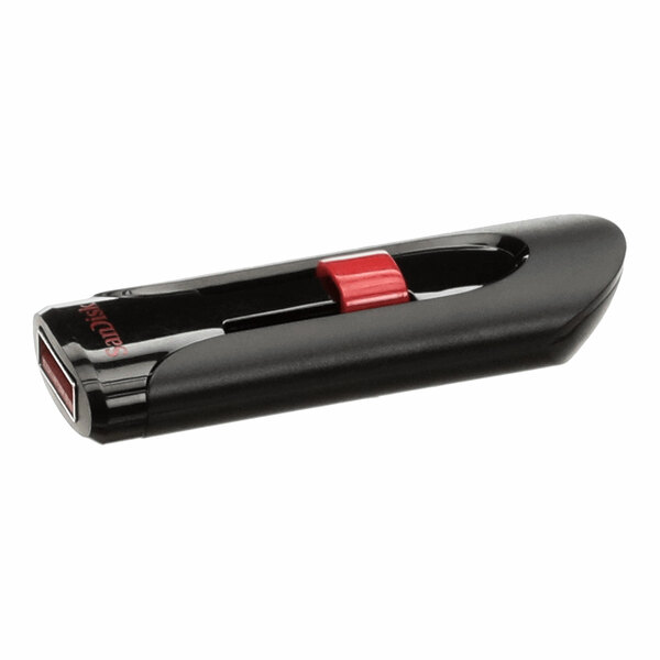 A black USB flash drive with a red sliding mechanism.