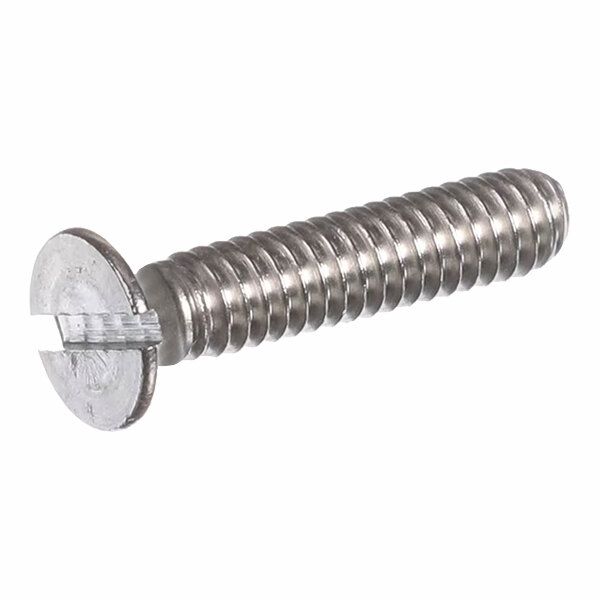 A metal slotted head screw with a threaded body, measuring 1/4-20 x 1 1/4 inches.