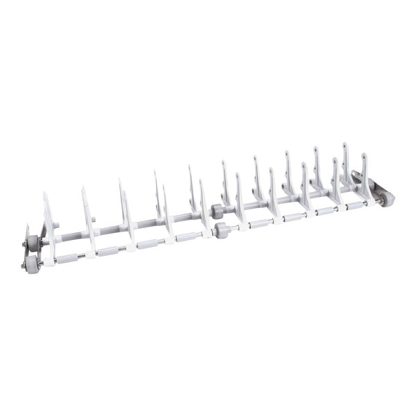 A white plastic belt peg with multiple vertical dividers and wheels, designed for organizing or holding items in place.