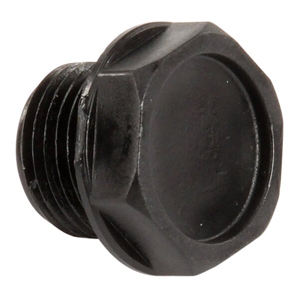 A black plastic 1/2 NPT threaded plug.