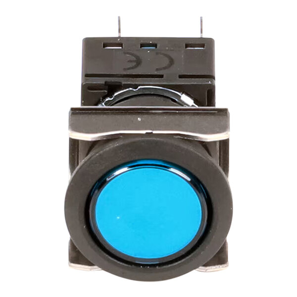 A blue momentary push button switch with a round face and a black housing.