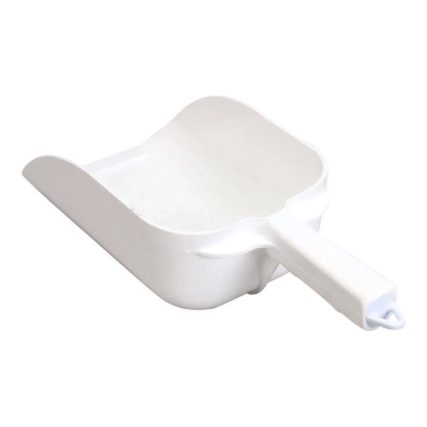 A large white plastic ice scoop with a handle.