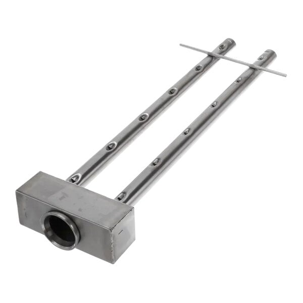A metal manifold weld component with two parallel tubes and a rectangular base, designed for industrial or mechanical use.
