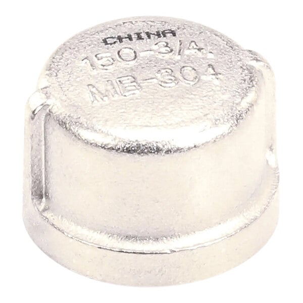 A stainless steel 3/4 inch NPT pipe cap.