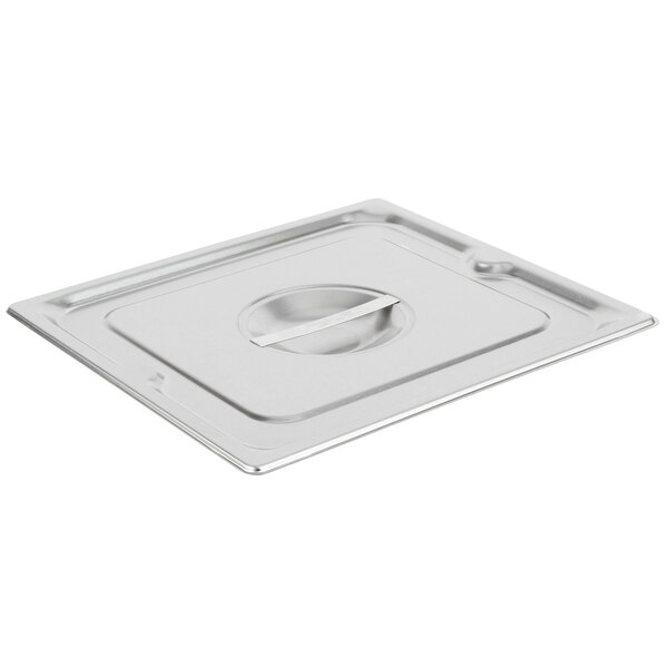 A Vollrath stainless steel lid on a steam table pan.