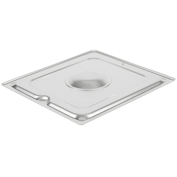 A Vollrath stainless steel cover on a stainless steel tray.