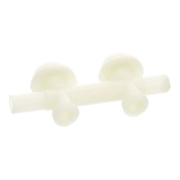 A white plastic Champion 0301795 manifold with two holes.