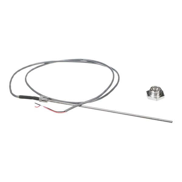 A metal thermistor probe with an attached cable and a separate threaded metal fitting.
