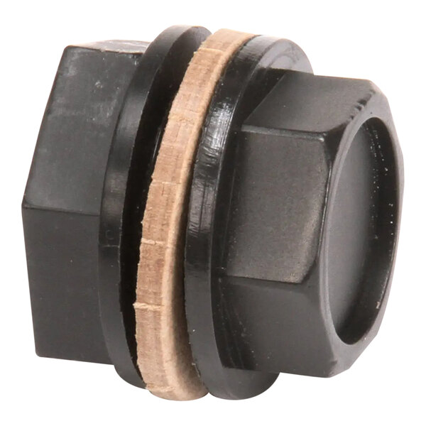 A black plastic 3/4 NPT plug nut with an attached gasket.