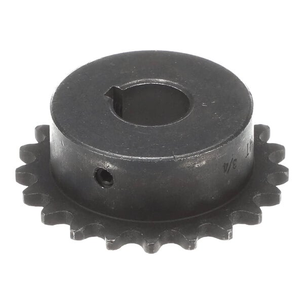 A metal sprocket with a central hole and multiple teeth around its edge, used for conveyor systems.