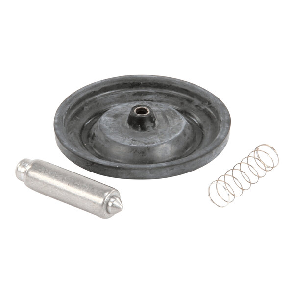 A valve repair kit consisting of a rubber diaphragm, a metal pin, and a small coil spring.