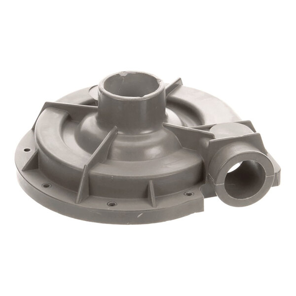 A gray plastic pump volute housing with a circular base and side outlet.