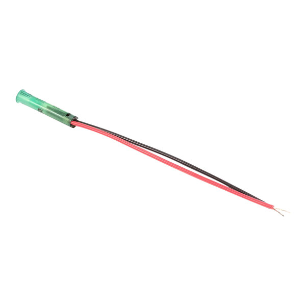 An LED indicator light with a green housing, two attached wires, and exposed wire ends, designed for 6-volt electrical applications.