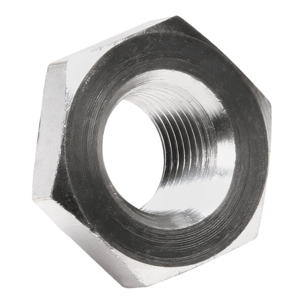 A hexagonal tin-plated thermostat adaptor with internal threading.