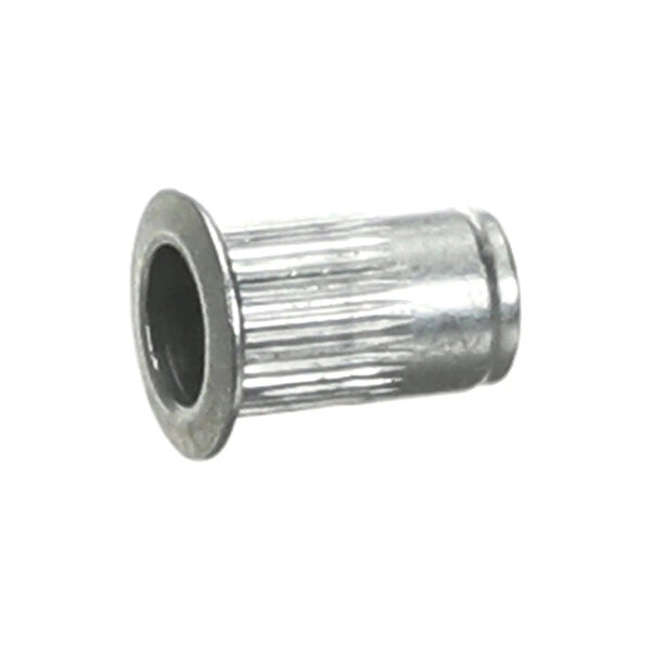 A metal threaded insert with a flanged end and ribbed body.